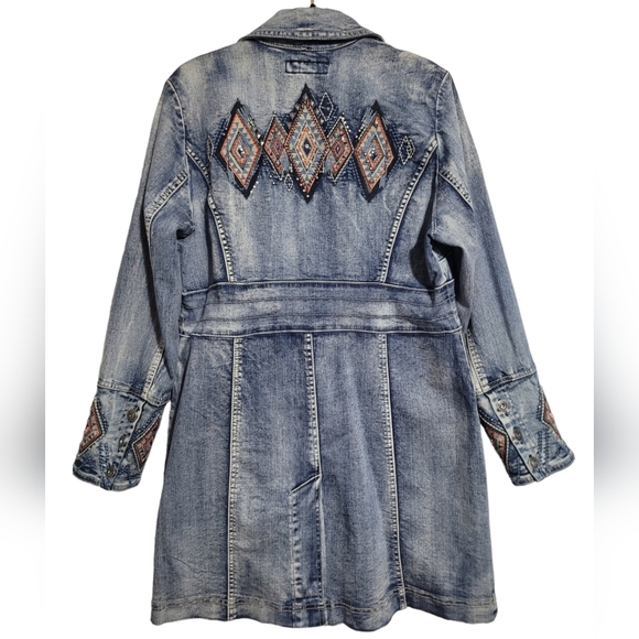 Embroidered Aztec Rhinestone Denim Blazer Jacket - Picture 5 of 7